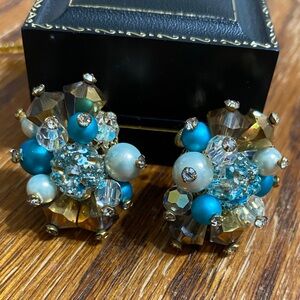 Vendome Turquoise and Gold Beaded Cluster Earrings